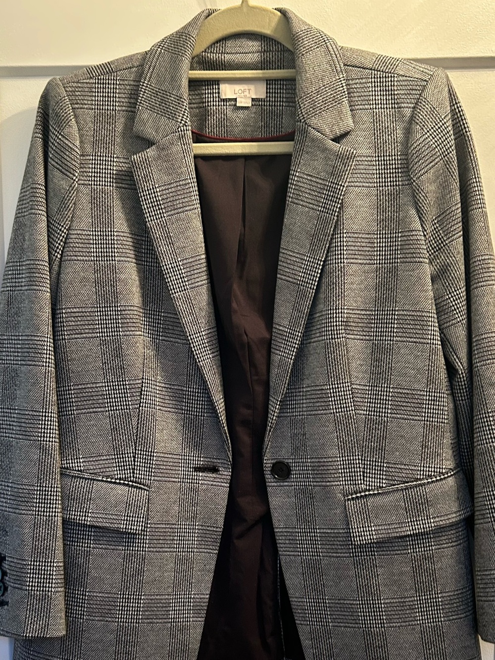 LOFT Gray Glen Plaid Single-Button Blazer Jacket